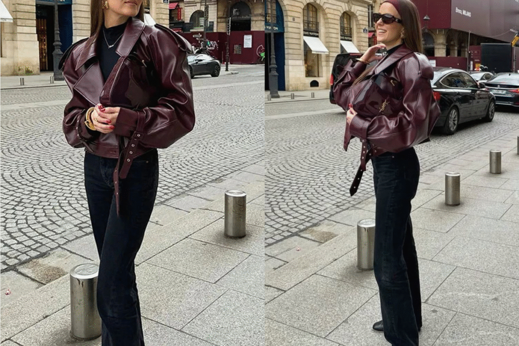 Wine Tones Faux Leather Jackets Paired With Neutrals For Chic Ensembles Wine tones faux leather jackets